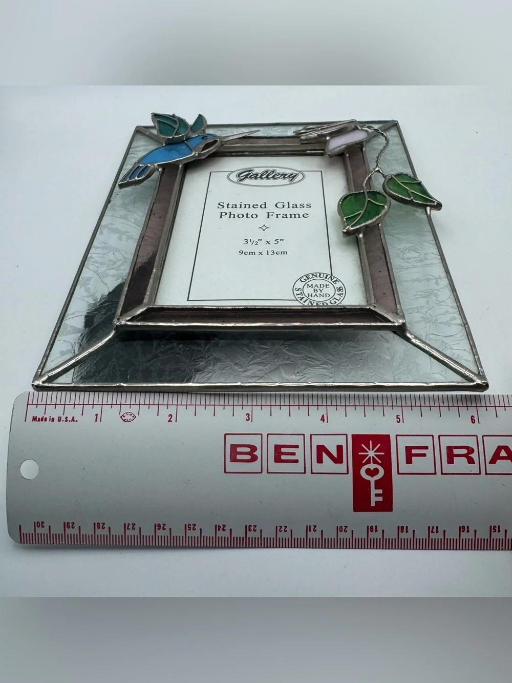 Handmade Stained Glass Hummingbird Photo Frame 3.5x5 Floral Art Glass Desk Frame